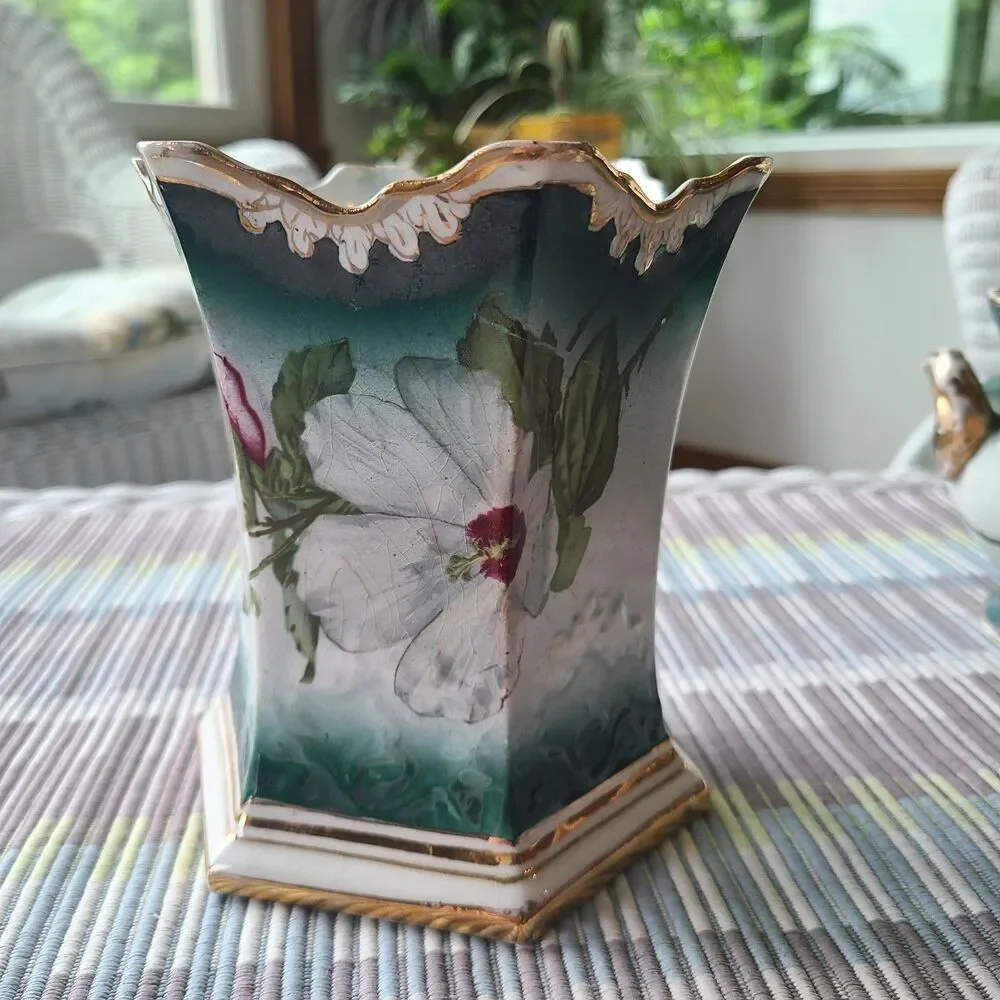 W.P. La Belle China Antique Hand Painted Porcelain Vase & Jardiniere Planter Set